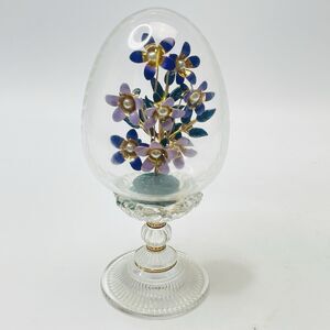 House Of Faberge Glass Egg Franklin Mint Purple Flower Bouquet 6" On Pedestal